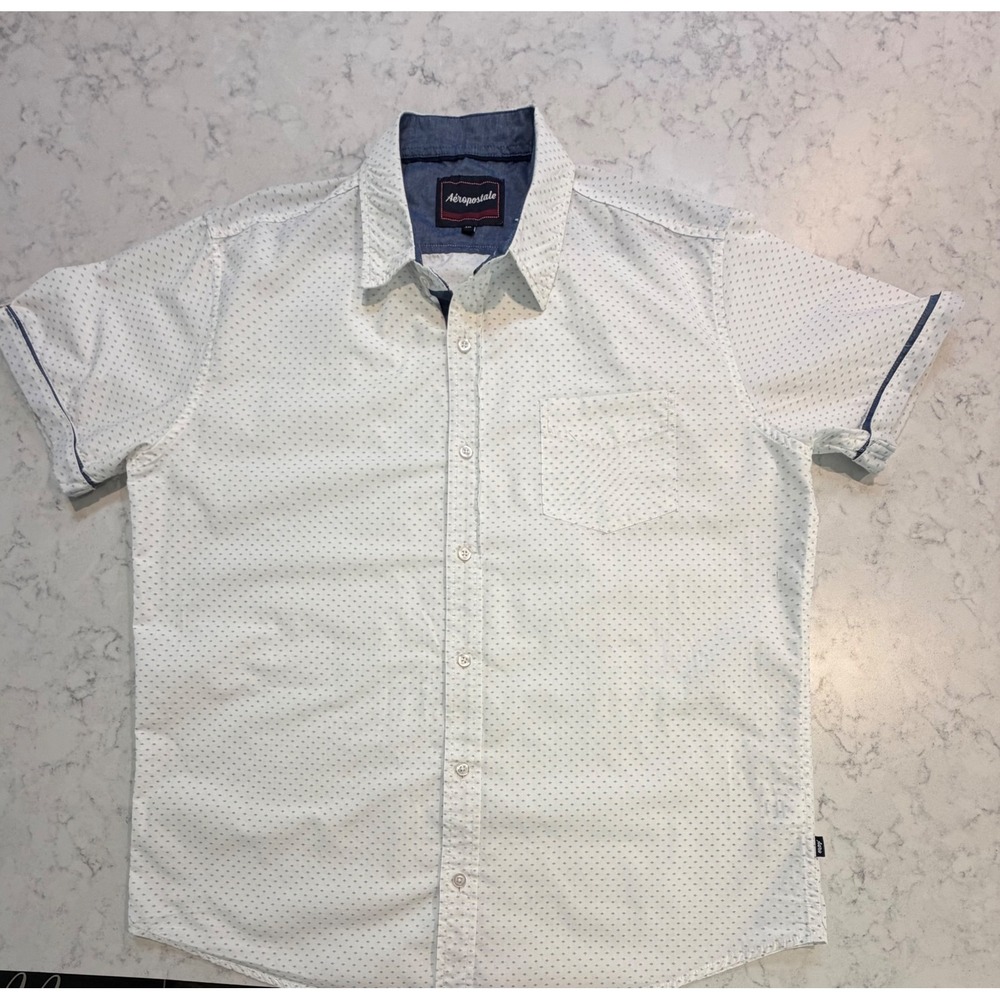 Aeropostale Mens XL White Blue Geometric Diamond Print Short Sleeve Button Down